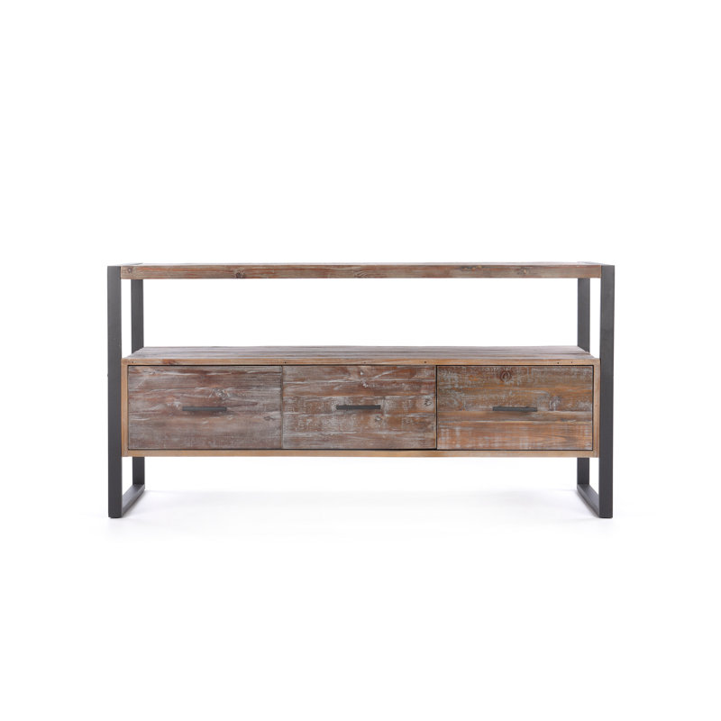 Meuble audio-vidéo 60 po avec 3 tablettes ouvertes de 60 po, gris antique et bois massif Profondeur, console de 75,47 lb, 3 tiroirs, finition, poids de 99 paquets