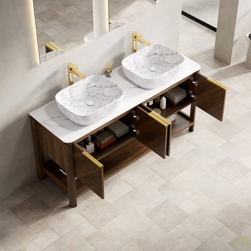 Meuble-lavabo de 60 po avec lavabo autoportant en contreplaqué avec 4 portes diagonales rayées et tablette ouverte, 2 lavabos en céramique à motif marbre et plateau en pierre frittée Carrara