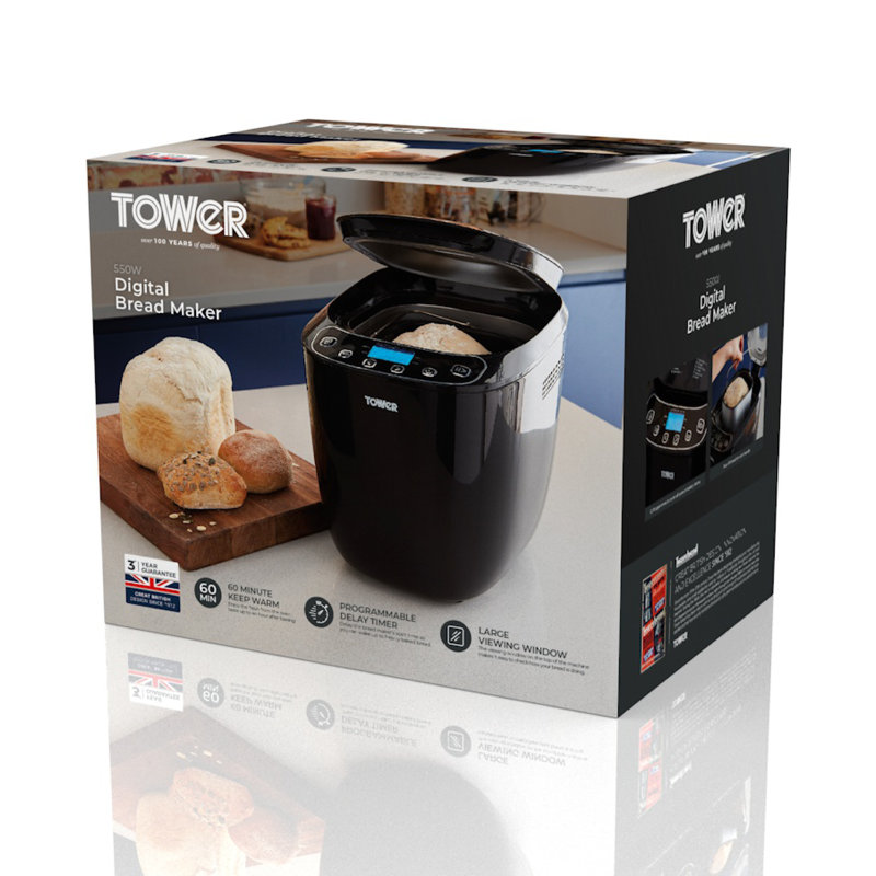 Tower T11003 2 lb Digital Bread Maker with 12 Automatic Programs, 13 Hours Delay Timer, 60 Minutes Keep Warm Function, Adjustable Crust Control, Non-Stick Bread Pan, 550 W, Black