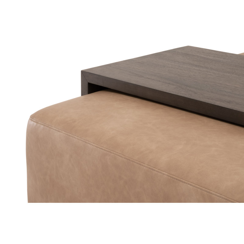 Burnished Brown Acacia Rectangular Coffee Table with Tan Vegan Leather Ottoman