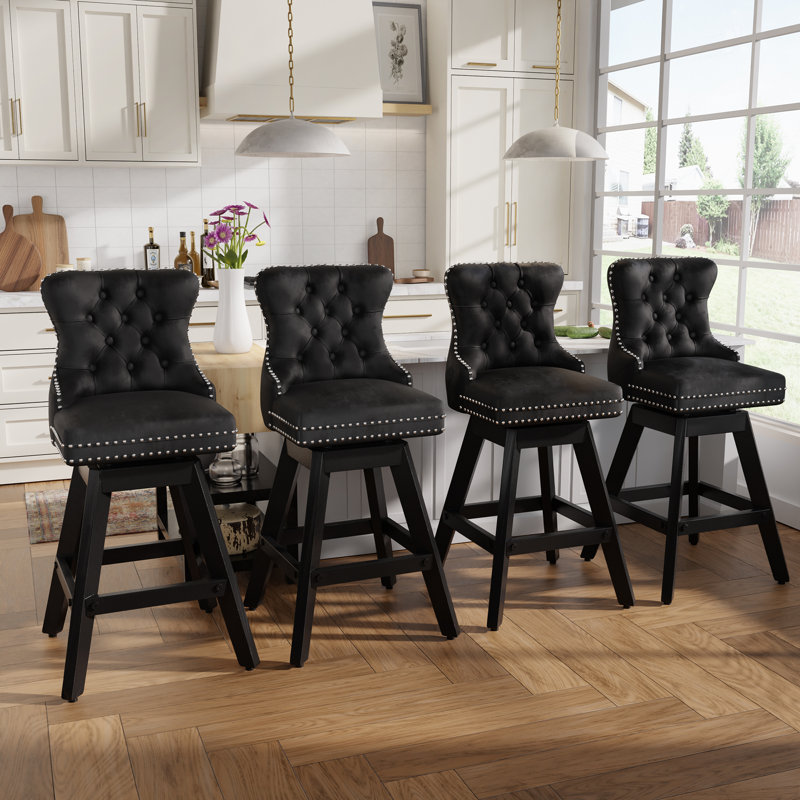 Swivel Tufted Nailhead Velvet Counter Height Bar Stools (Set of 2), Noir