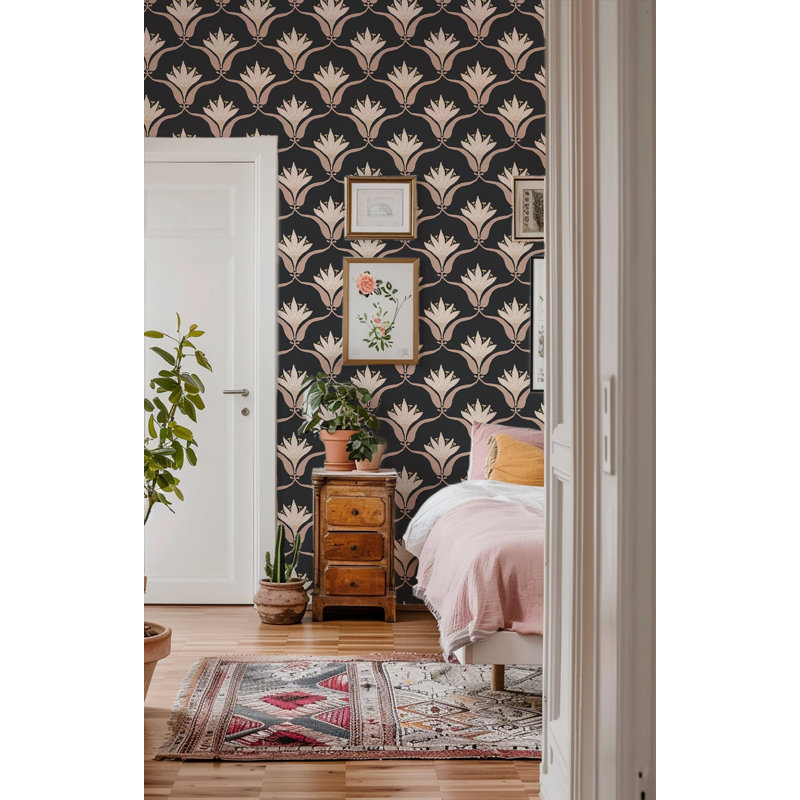 Shanghai Wallflower 10' L x 24" W Wallpaper Roll, Black Blush, Faux Grasscloth
