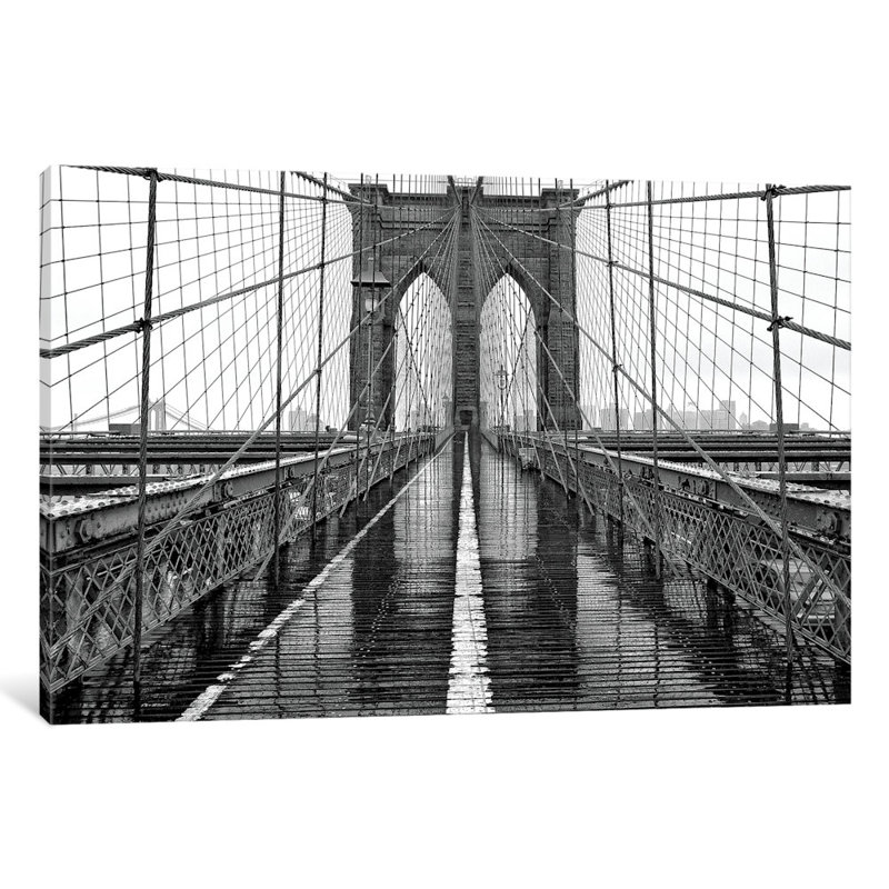 «Brooklyn Bridge», reproduction de photo sur toile, Papier d'art encadré noir, Blanc, H 16 po x l 24 po x P 1 po