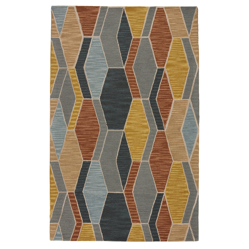 Tapis gris / doré en laine touffeté à la main à motif géométrique Beaman, Rectangle 9 pi x 12 pi