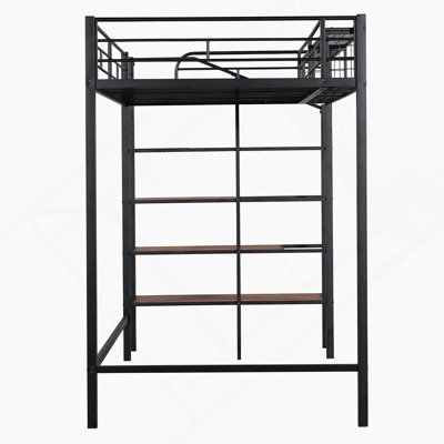 Lit mezzanine en métal avec tablette de rangement supérieure et échelle de rangement latérale Kinnelon, noir