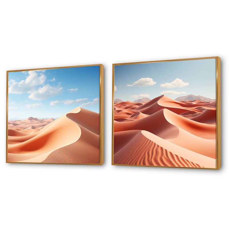 Desert Glamis Sand Dunes - Ensemble de 3 collages carrés du désert, Cadre flottant doré, H 16 po x l 33 po