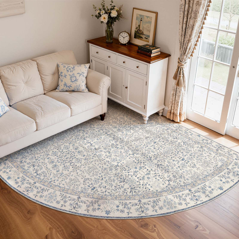 Floral Machine Washable Area Rug, Blue, Corner 8' x 8'