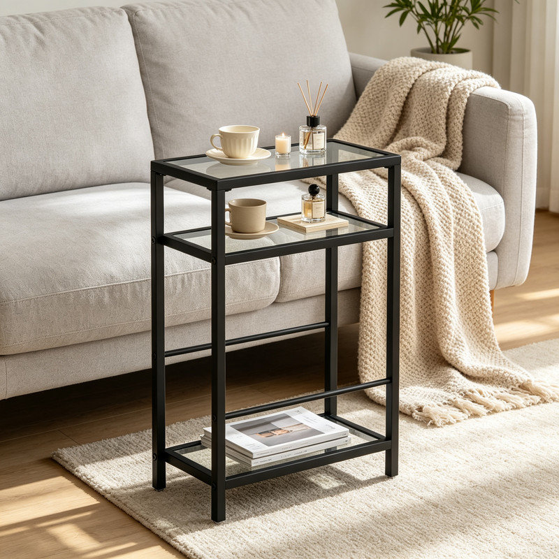 3-Tier Side Table, Narrow End Table with Storage Shelf and Tempered Glass Tabletop for Small Spaces, Black
