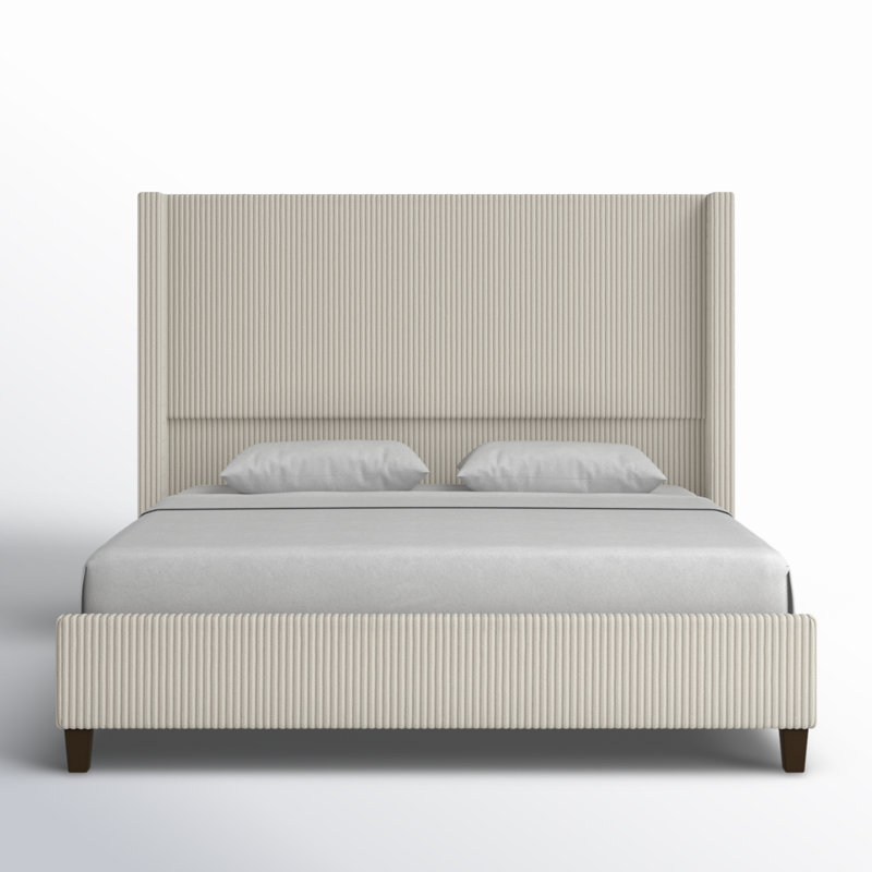 Cream Corduroy Upholstered King Bed with Wingback Headboard