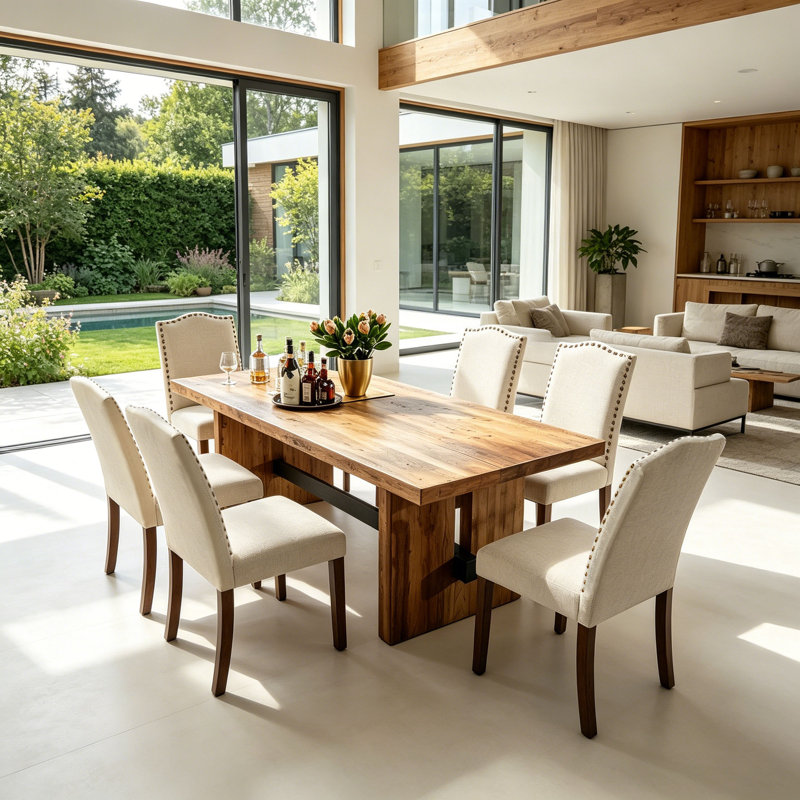 Ensemble de table de salle à manger rectangulaire en bois massif avec 6 chaises rembourrées, ensemble de salle à manger rustique 7 pièces