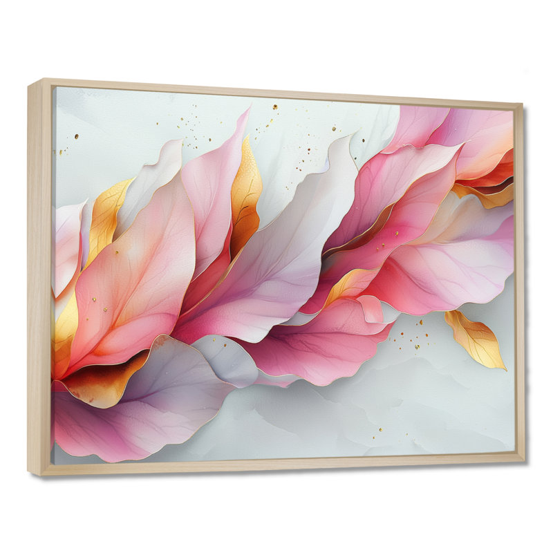 Or rose, veines élégantes de pétales de fleurs V - fleurs abstraites, art mural, H 16 po x l 32 po, Cadre flottant, Brun