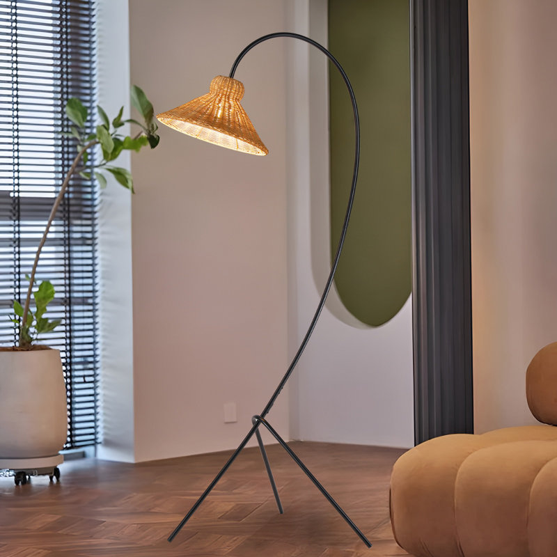 70"H Novelty Black Metal Arc Rattan Woven Floor Lamp
