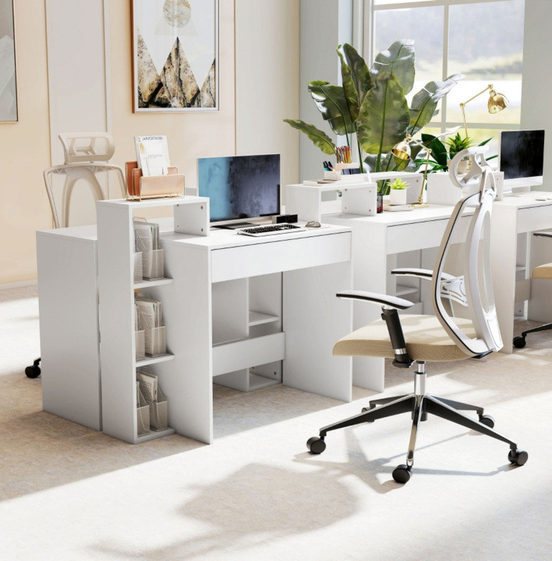 Desk with Storage, Computer Desk with 3 Open Shelves and Drawer, Workstation, Computer Table, White