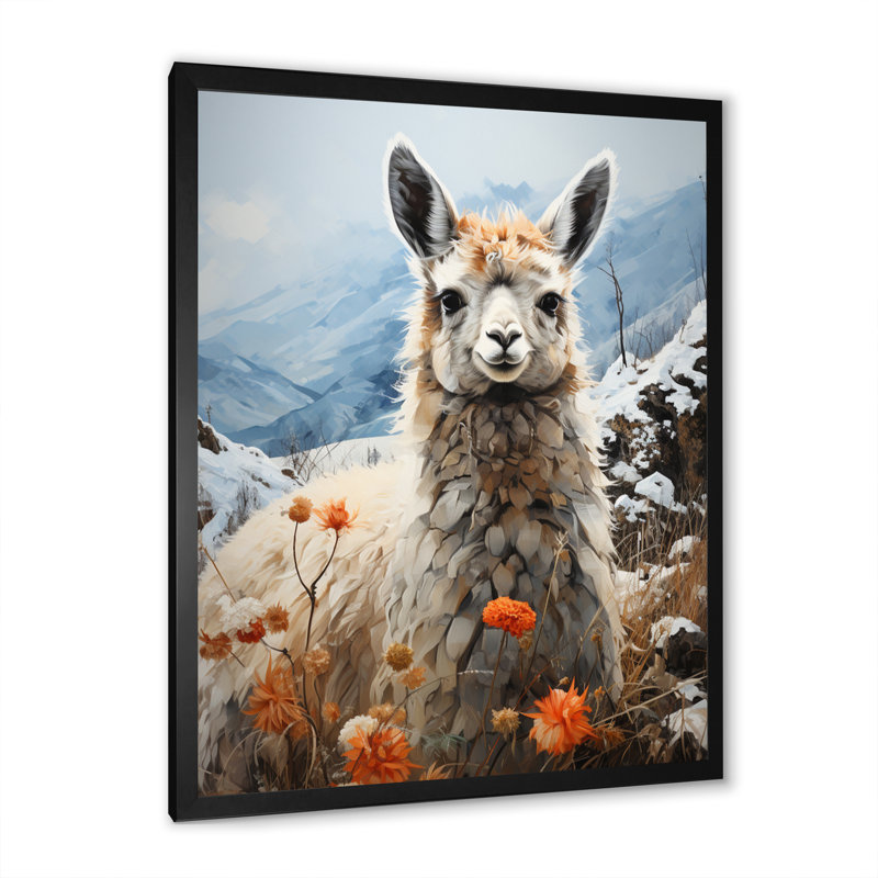 Paysage de lama en hiver - Décoration murale animaux, Cadre photo noir, H 32 po x l 24 po x P 1 po
