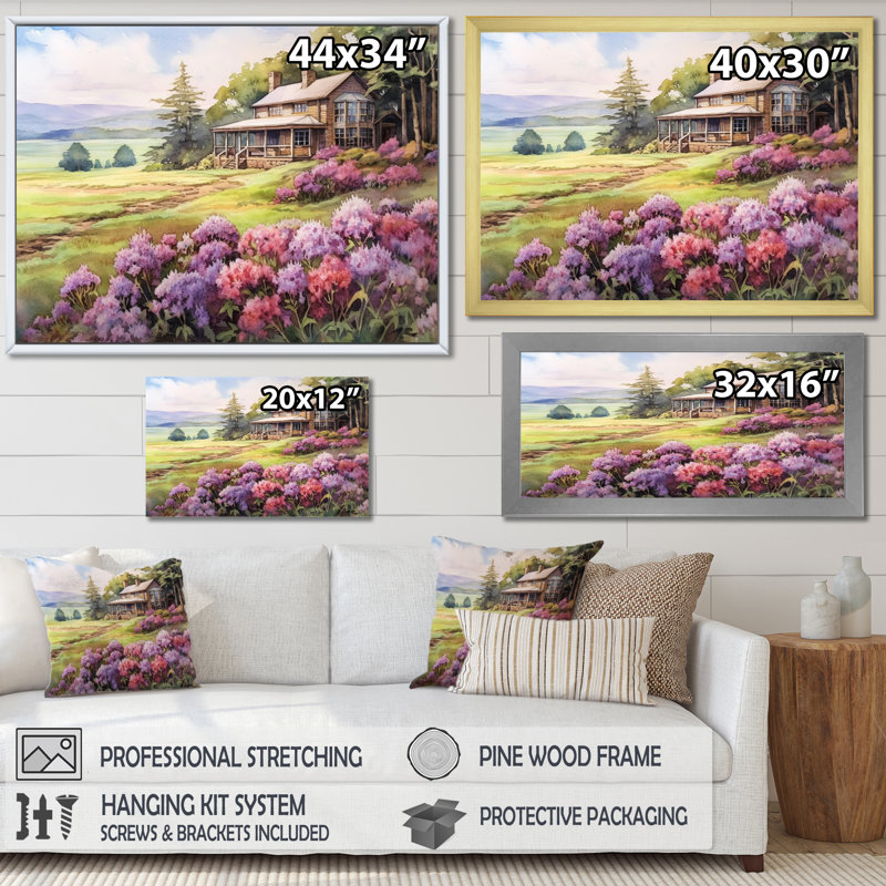 Rhododendron «Blooms at Farm III» sur toile, Cadre flottant doré, H 24 po x l 32 po x P 1 po