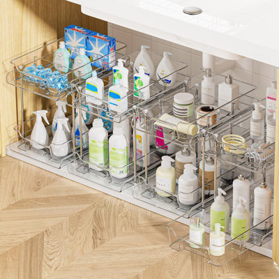 4 Pack 2 Tier Clear Pull Out Under Sink Organizers with Dividers