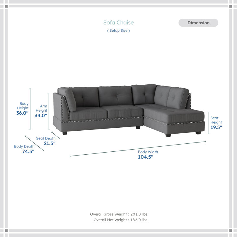 Canapé modulaire en tissu texturé 3 pièces avec repose-pieds clouté et détails capitonnés 104,5 po Cronin