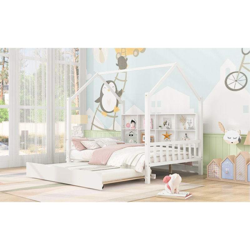 Lit double, lit en bois, lit gigogne, tablette, abat-jour blanc, lecture et sommeil semi-fermés, structure en pin, finition, conception de maisonnette, jeu imaginatif, lattes