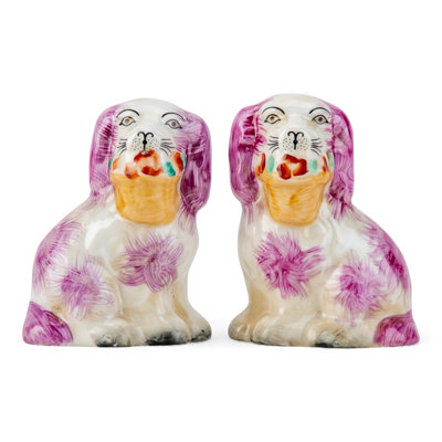 Small Black Staffordshire Style Basket Dog Figurines Pair