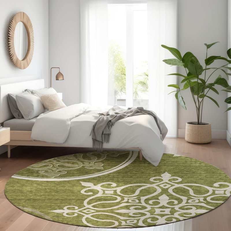 Premium Machine Washable Prisco Olive Rug, Round 8'