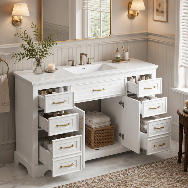 Meuble-lavabo élégant avec six tiroirs et charnières à fermeture en douceur pour des solutions de rangement organisées