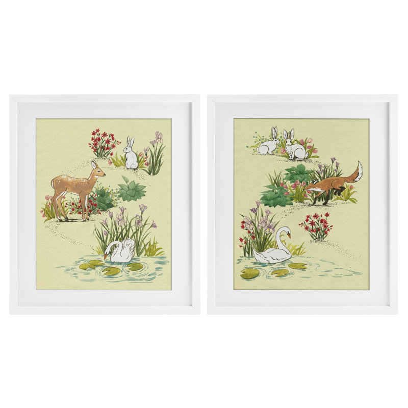 «Spring Animals in Nature», ensemble de 2 reproductions encadrées sous verre, par Grace Popp, Cadre blanc côtier