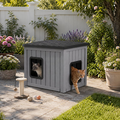 Maison pour animaux d'extérieur en résine résistante aux intempéries avec toit incliné 22,23 "H (noir et gris)
