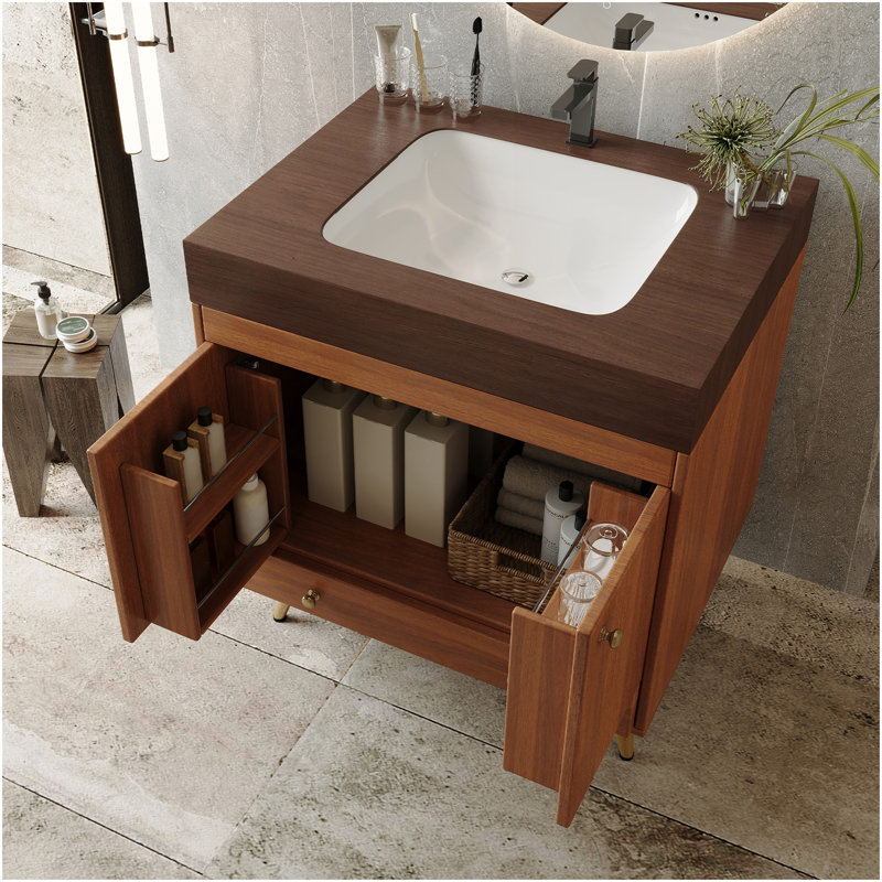 Meuble-lavabo autoportant de style Mid-Century avec comptoir en faux marbre et lavabo en céramique, armoire de rangement à double porte de 30 po, bois d'ingénierie imperméable, pieds dorés