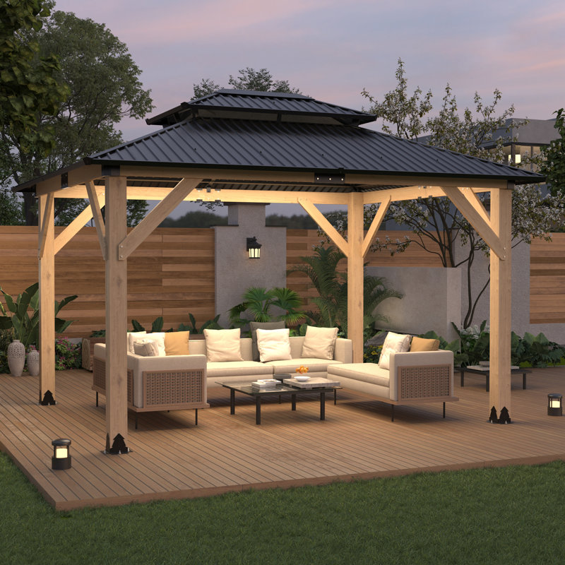 12 Ft. W X 10 Ft. D Solid Wood Patio Gazebo, Patio Cedar Wood Gazebo Galvanized Steel Hardtop Heavy Duty Frame For Garden, Lawn, Poolside, Backyard Deck