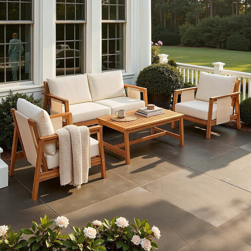 Ensemble de canapés d'extérieur en bois d'acacia 4 pièces avec accents textilène et coussins imperméables, Teck