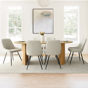 7pc Dining Set, Avon 42x60 oval pedestal table + 6 padded chairs in linen  white