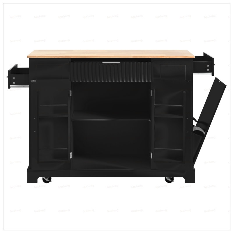Fluted Kitchen Island with Trash Can Storage, Power Outlet, and Rolling Wheels for Enhanced Mobility and Organization, Black