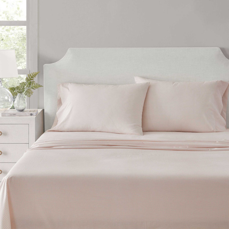 Ensemble de draps en coton percale rose Martha Stewart, Ensemble de draps pour grand lit avec 2 taies d'or, Vichy rose
