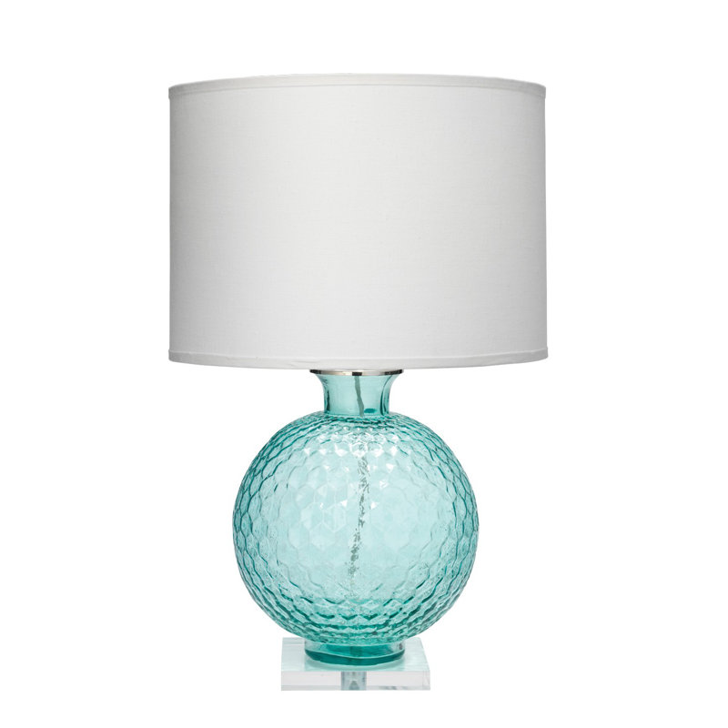 Aqua Glass Table Lamp with White Drum Shade