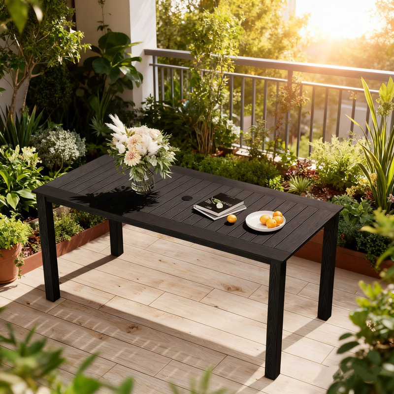 All Weather Rectangular Patio Table With Umbrella Hole And Aluminum Frame - Outdoor Furniture For Outside Backyard/Garden/Pool/Porch/Deck
