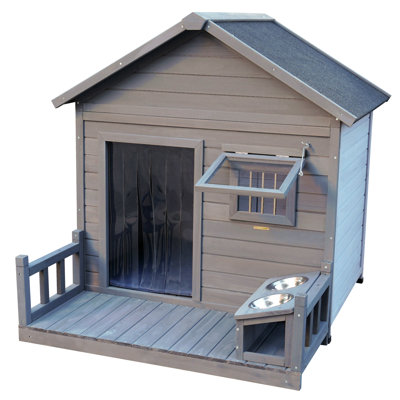 Grande niche pour chien avec toit en asphalte en bois massif de 44,2 po de longueur x 44,6 po de largeur x 44,6 po de hauteur pour grand chien avec grande terrasse, grande niche pour chien résistante aux intempéries