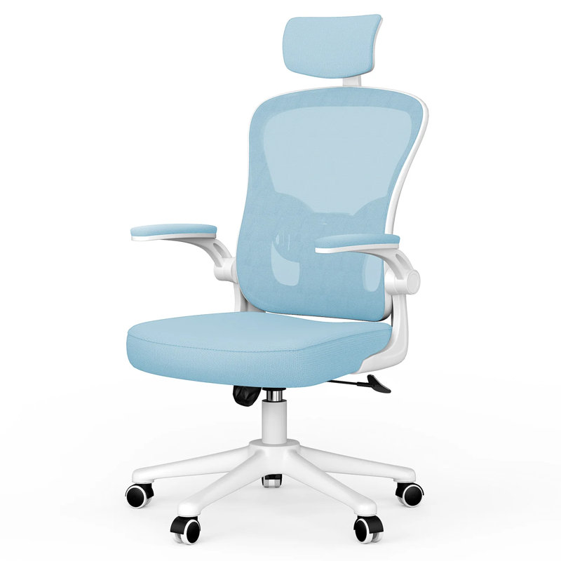 Mesh Office Chair with Headrest, White/Blue