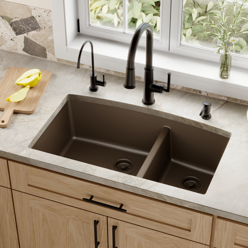 Karran Undermount Quartz Composite 32'' X 19-1/2'' 60/40 Double Bowl Kitchen Sink, Brown
