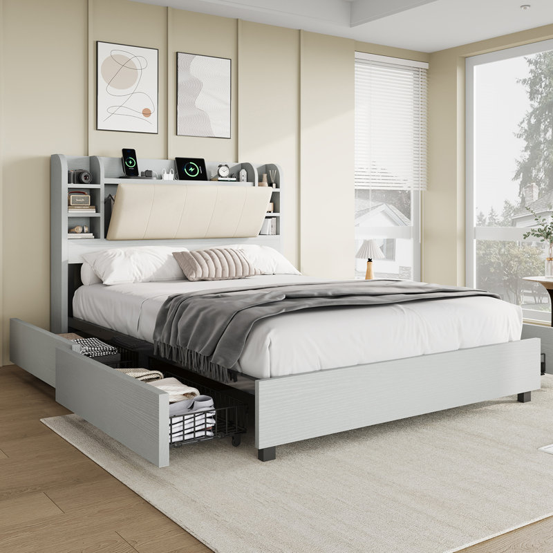 Structure de lit 47,2 po tapissier très grand avec 4 tiroirs de rangement, gris clair, Gris clair