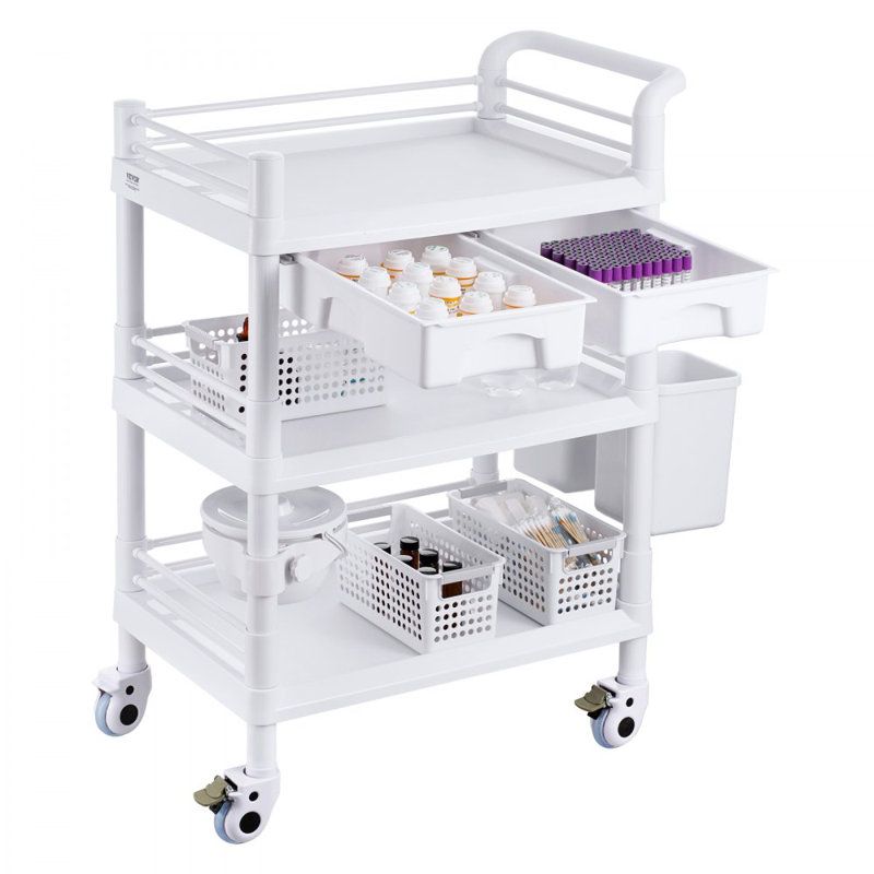 3 Tiers Lab Carts Mobile Medical Cart with 3 Trays & 3 Trash Cans White, Trolley Storage Cart with PP Material