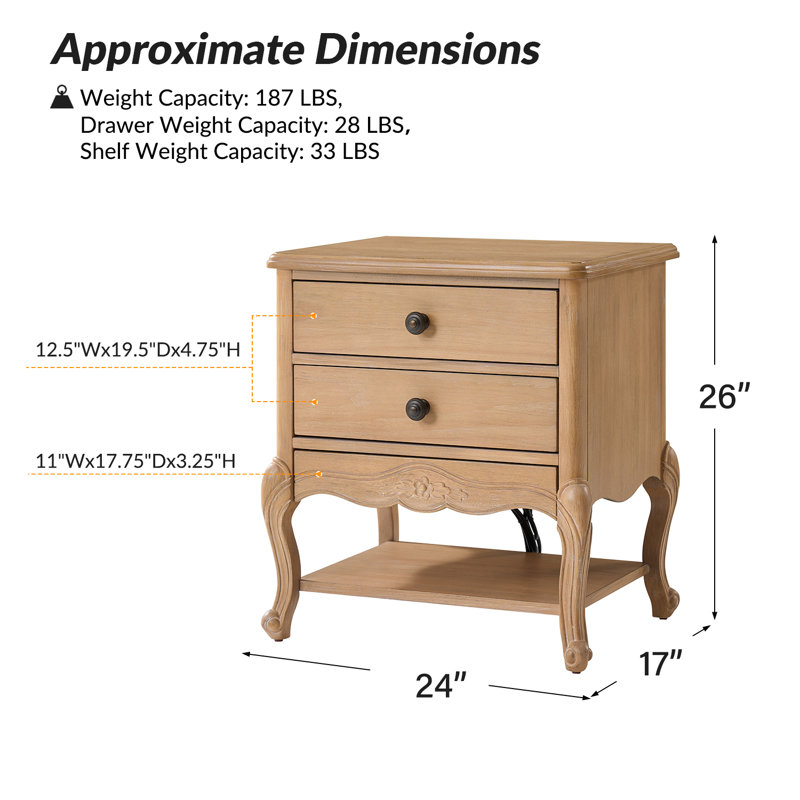Evars 24” W Traditional 3-Drawer End Table With Hidden Drawer and Charging Station, Nature