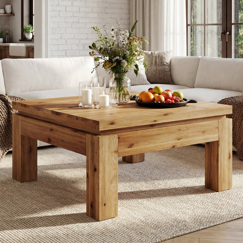31.5" Solid Wood Square Coffee Table for Living Room, Rustic Brown