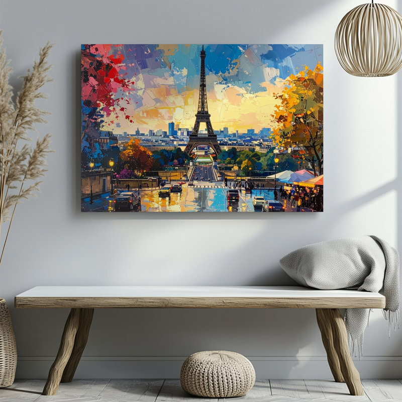 «Parisian Rain Collage Vibrant Eiffel Tower Street Art», art mural sur toile, prêt à accrocher, galerie, décoration intérieure, conception moderne, qualité supérieure