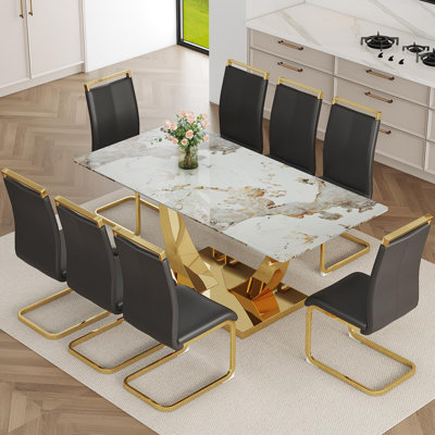 Ensemble de table de salle à manger moderne 71 po, plateau en verre trempé avec base en métal doré, chaises en cuir PU, ensemble de salle à manger de luxe