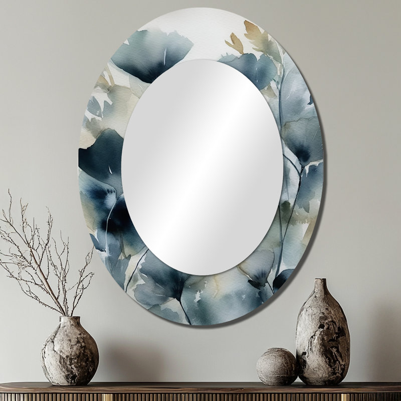 Miroir mural ovale à feuilles bleues II, 40 po x 30 po