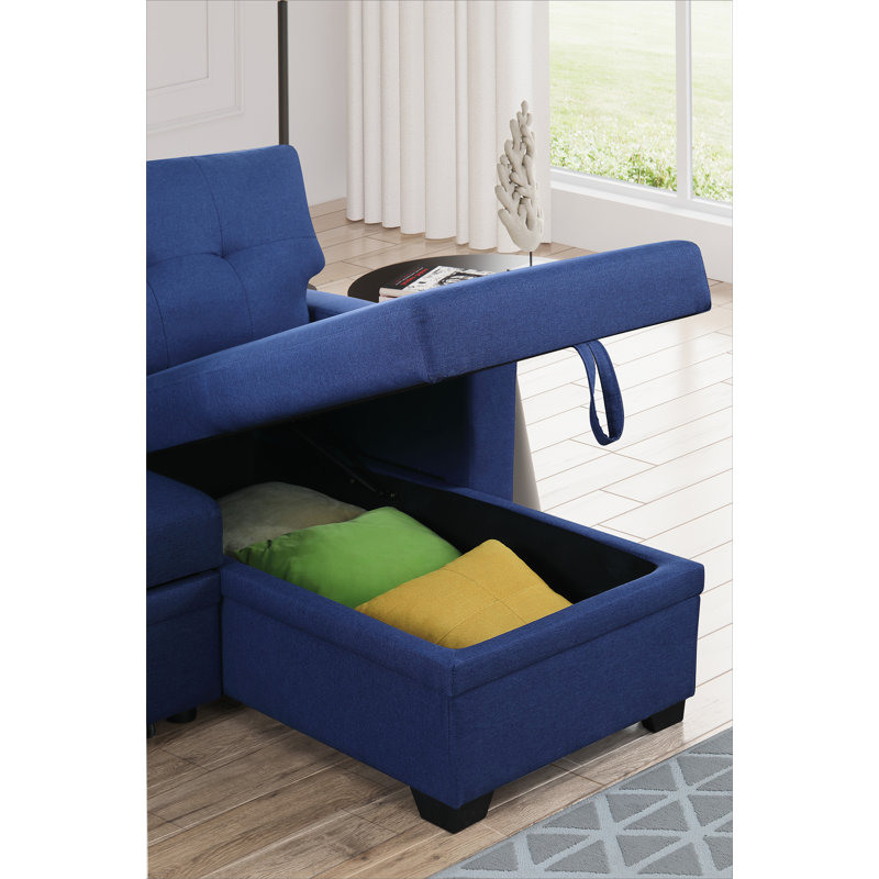 Canapé modulaire convertible rembourré avec méridienne coulissante, Lin bleu, Orienté à droite