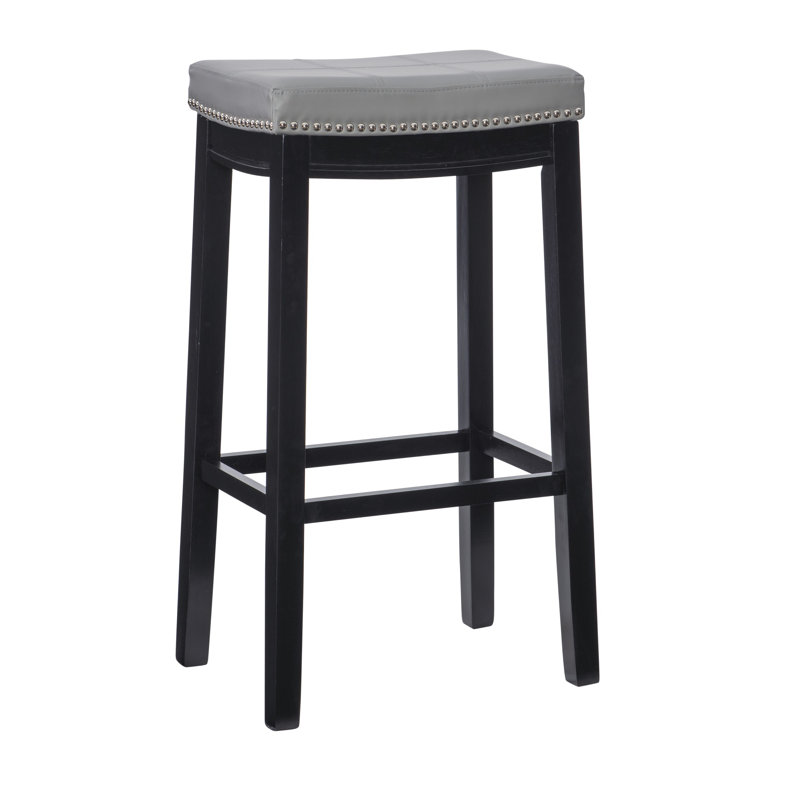 Tabouret de comptoir et de bar en bois massif sans dossier avec siège rembourré Bartonville, Gris pâle similicuir / Noir