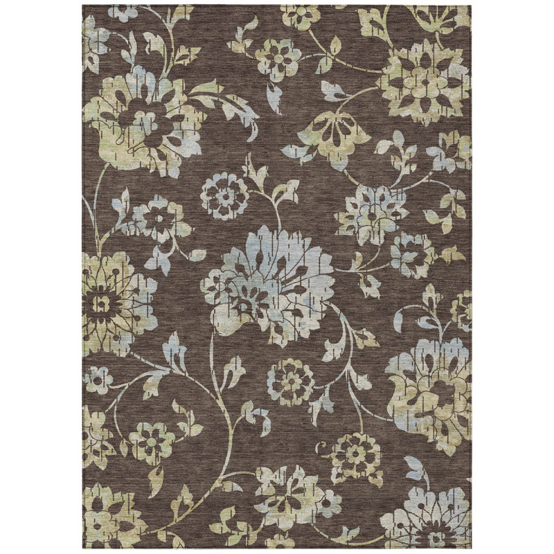 Tapis extérieur lavable floral bleu ciel et artichaut 3 pi x 5 pi chocolat