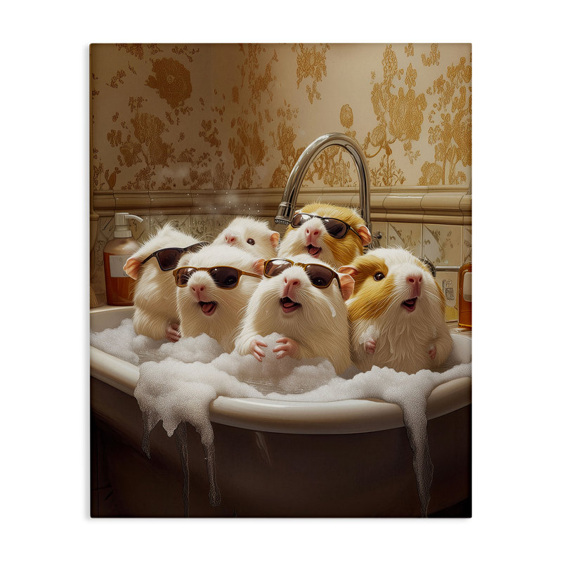 Cochons d'Inde dans une toile de bain moussant, design par Jim Baldwin, H 20 po x l 16 po