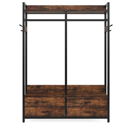 47.2"Freestanding Closet Organizer, Heavy-Duty Garment Rack With 4 Drawers, 8 Hooks, Shelves, And Hanging Rod F